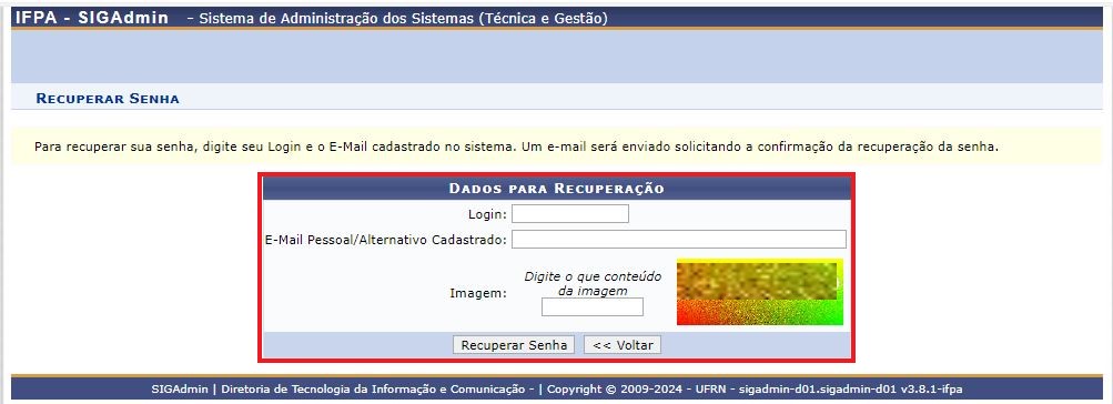 Tela de recuperação de senha