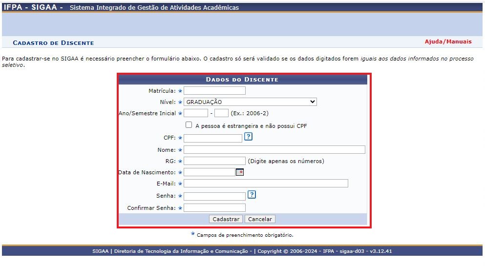 Tela de cadastro do SIGAA