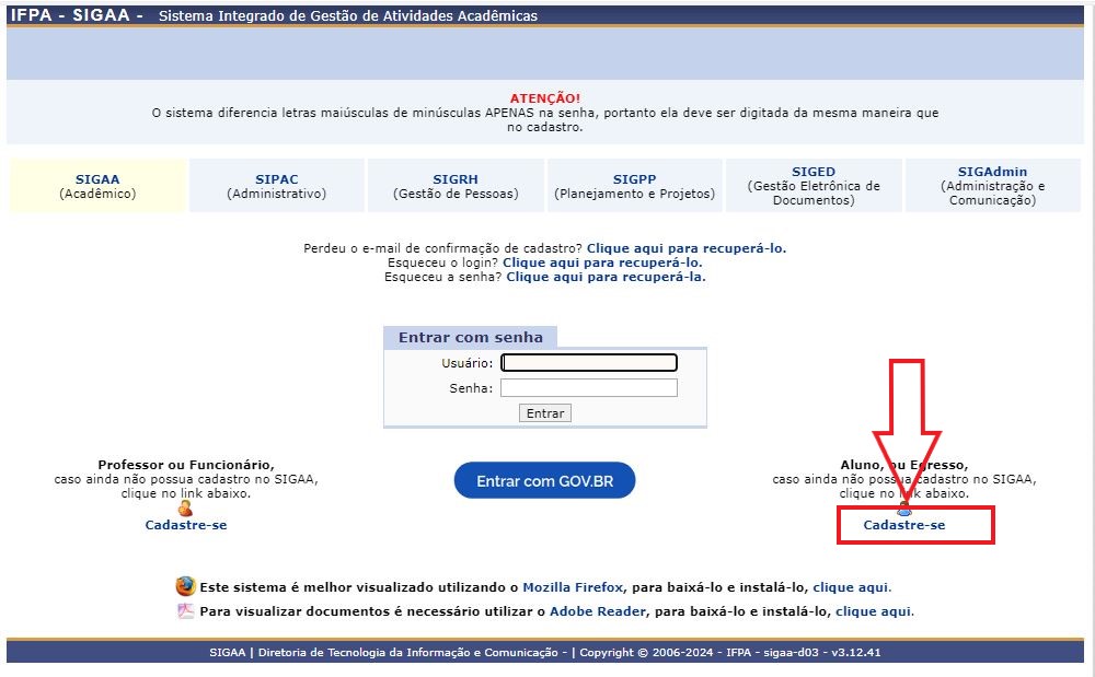 Botão de cadastro do SIGAA