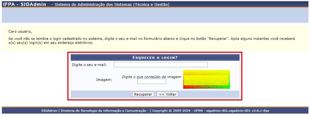 Tela de recuperação de login