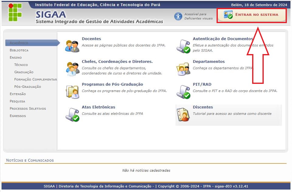 Tela inicial do SIGAA