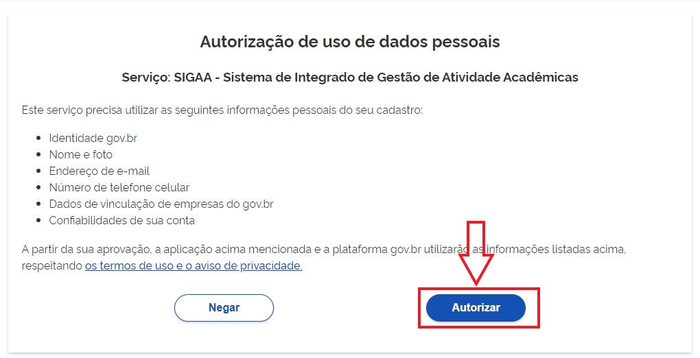 Tela de autorização de uso de dados pessoais GOV.BR