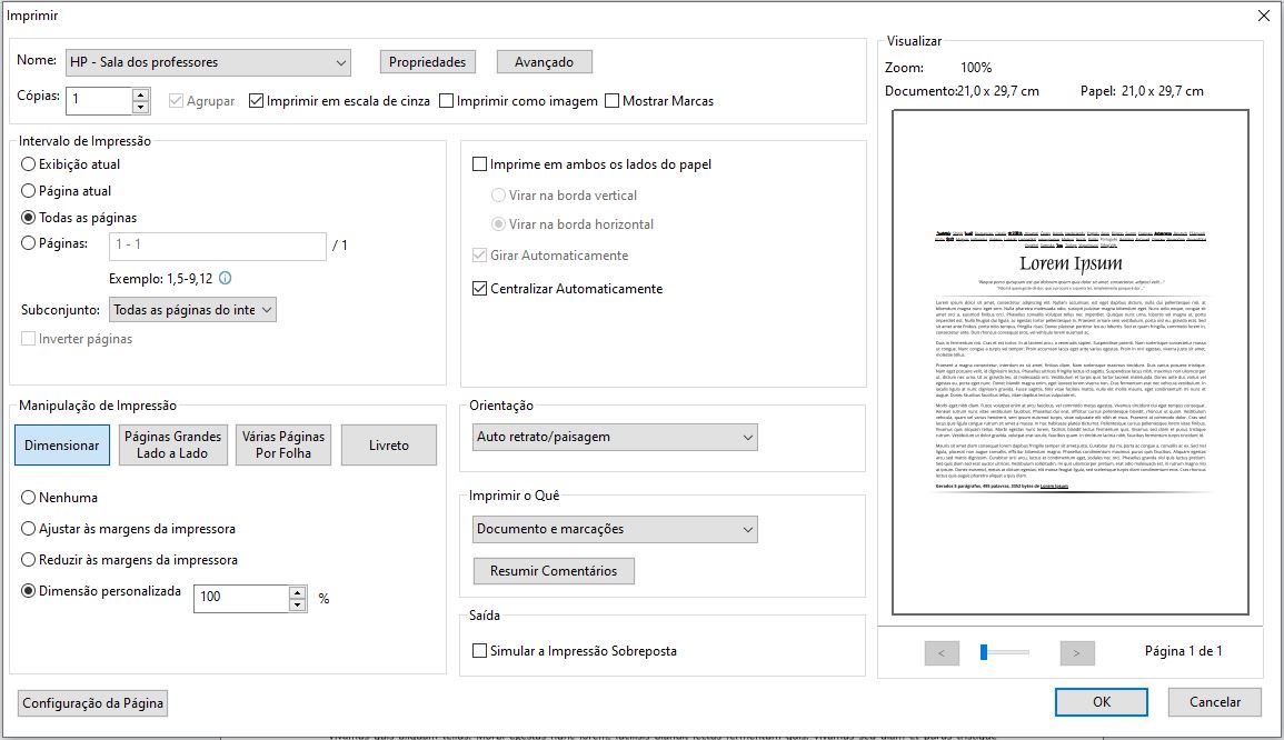 Caixa de configuração de impressão