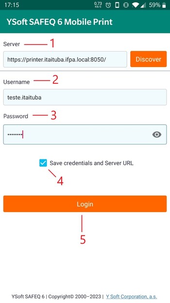 Tela de login do YSoft SafeQ 6 Mobile Print