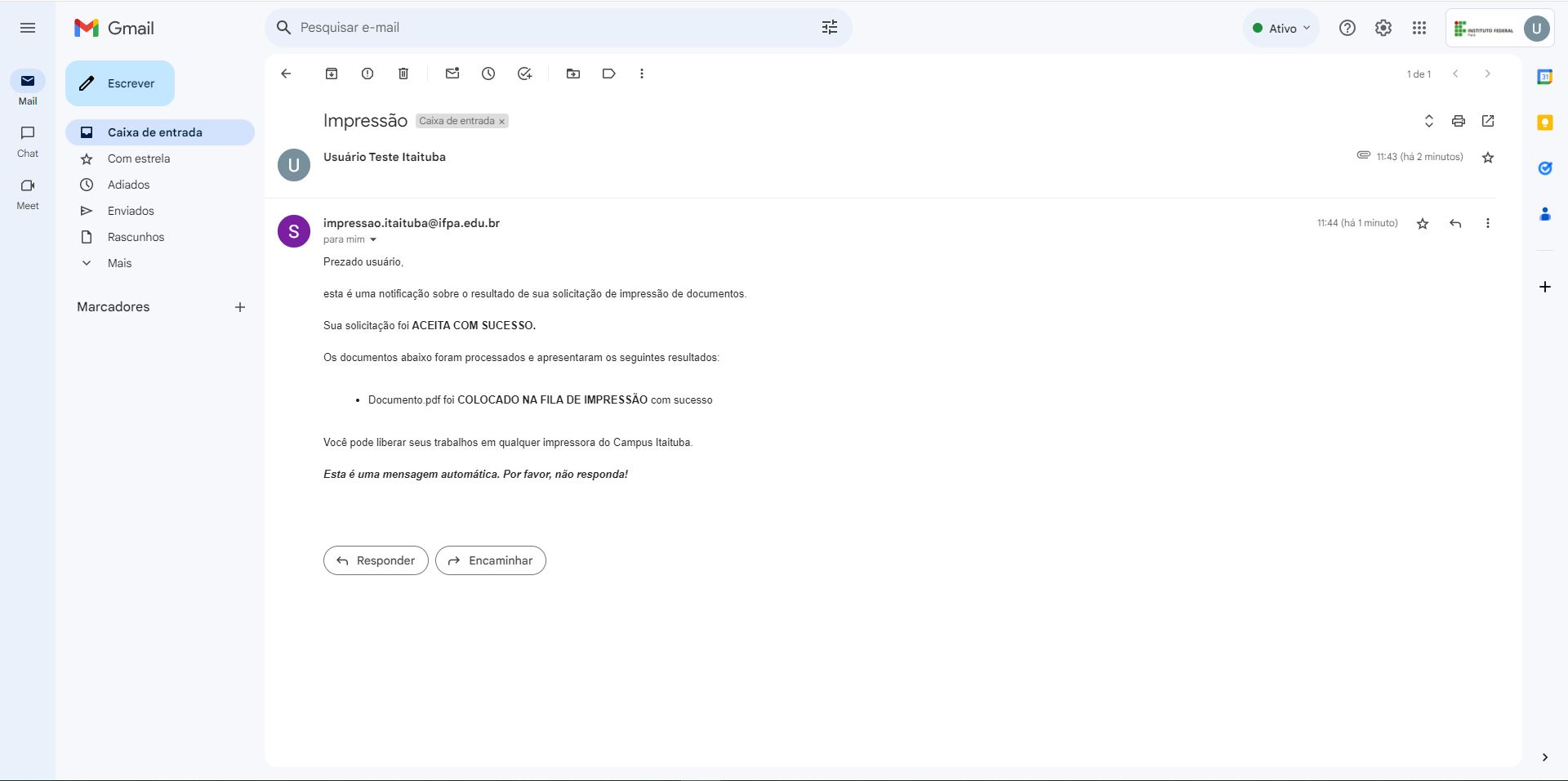 Mensagem de resposta do sistema de impressão